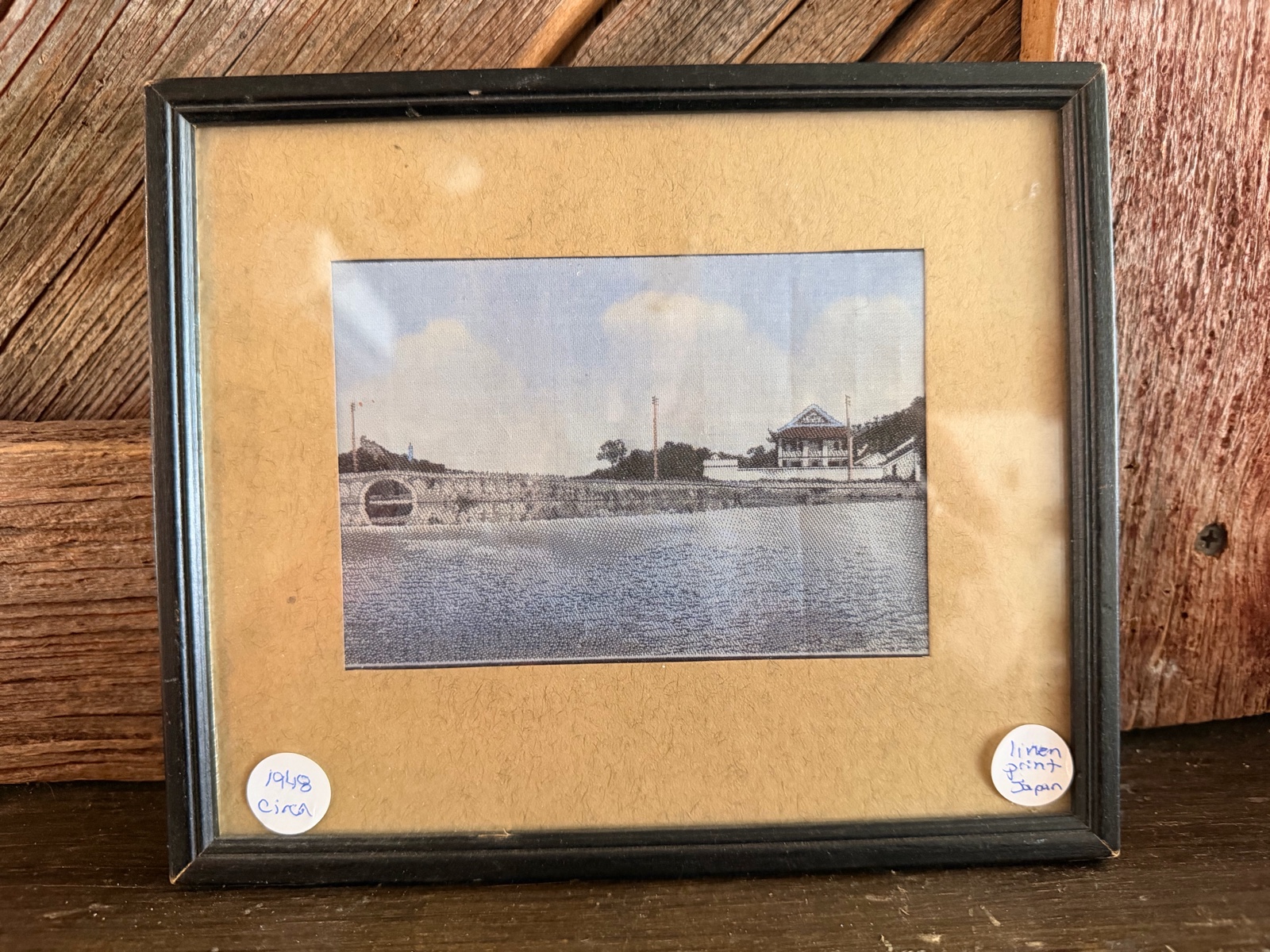 Framed Vintage Japanese Linen Print Landscape Artwork  1948 Circa