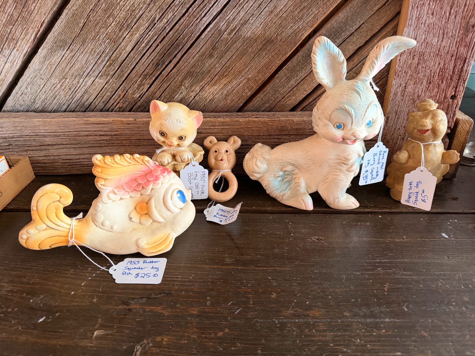 Vintage 1950s Rubber Squeaker Toy Lot  Bunny, Fish, Teddy Bear, Kitten & Baby Rattle