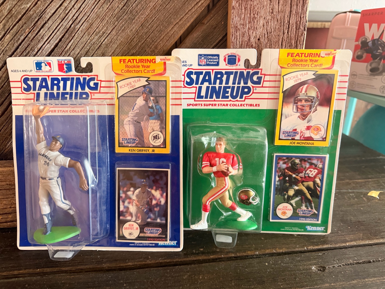 Kenner Starting Lineup Ken Griffey Jr. 1990 jumping pose & Joe Montana San Francisco 49ers action figure with collectors cards.