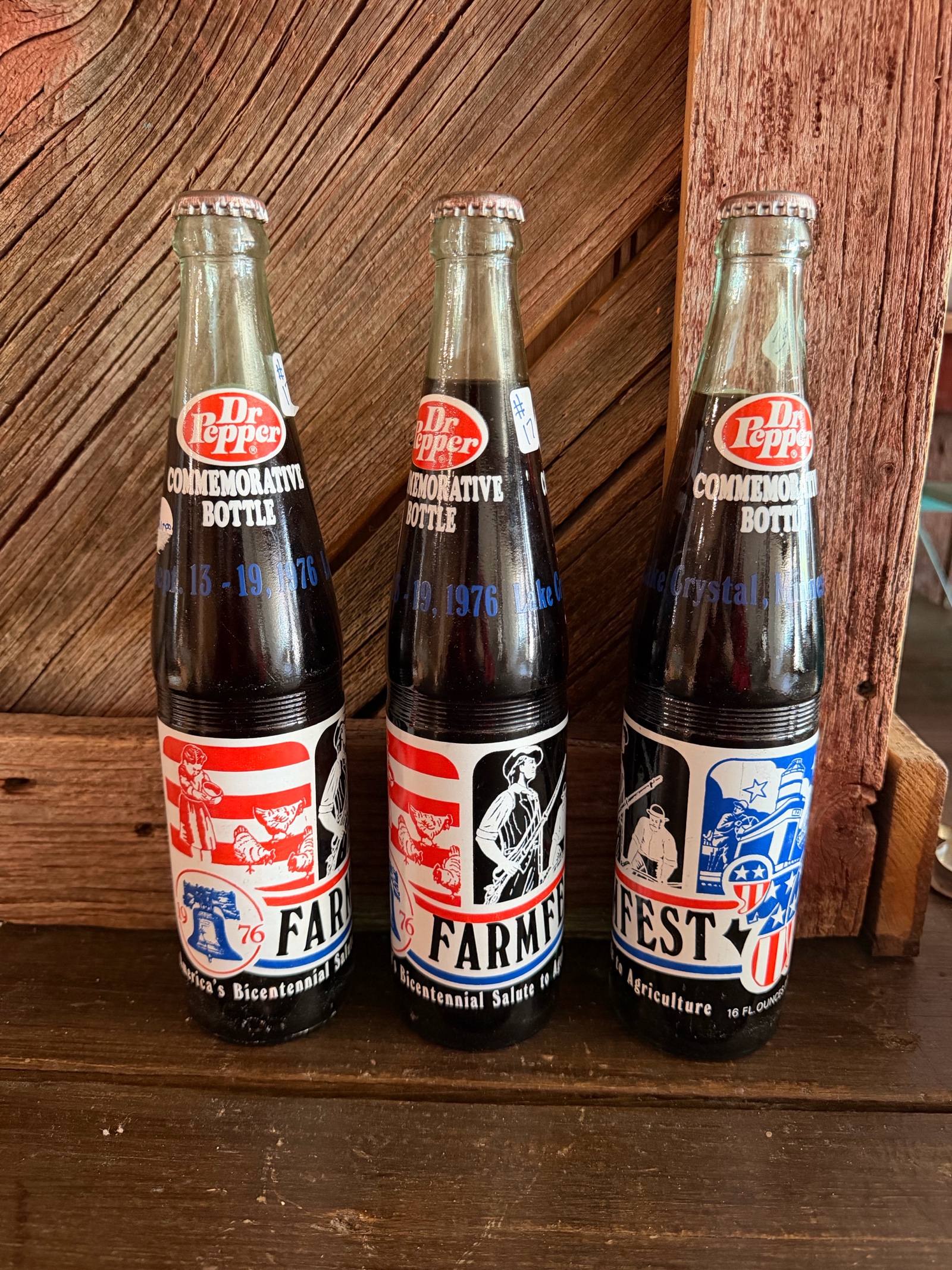 3 Unopened Vintage 1976 Dr Pepper Farmfest Lake Crystal, Minnesota commemorative bottle.