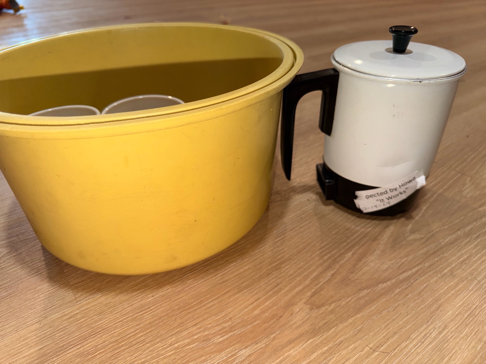 Yellow Tub, OMaras Mugs & Enamel Coffee Pot