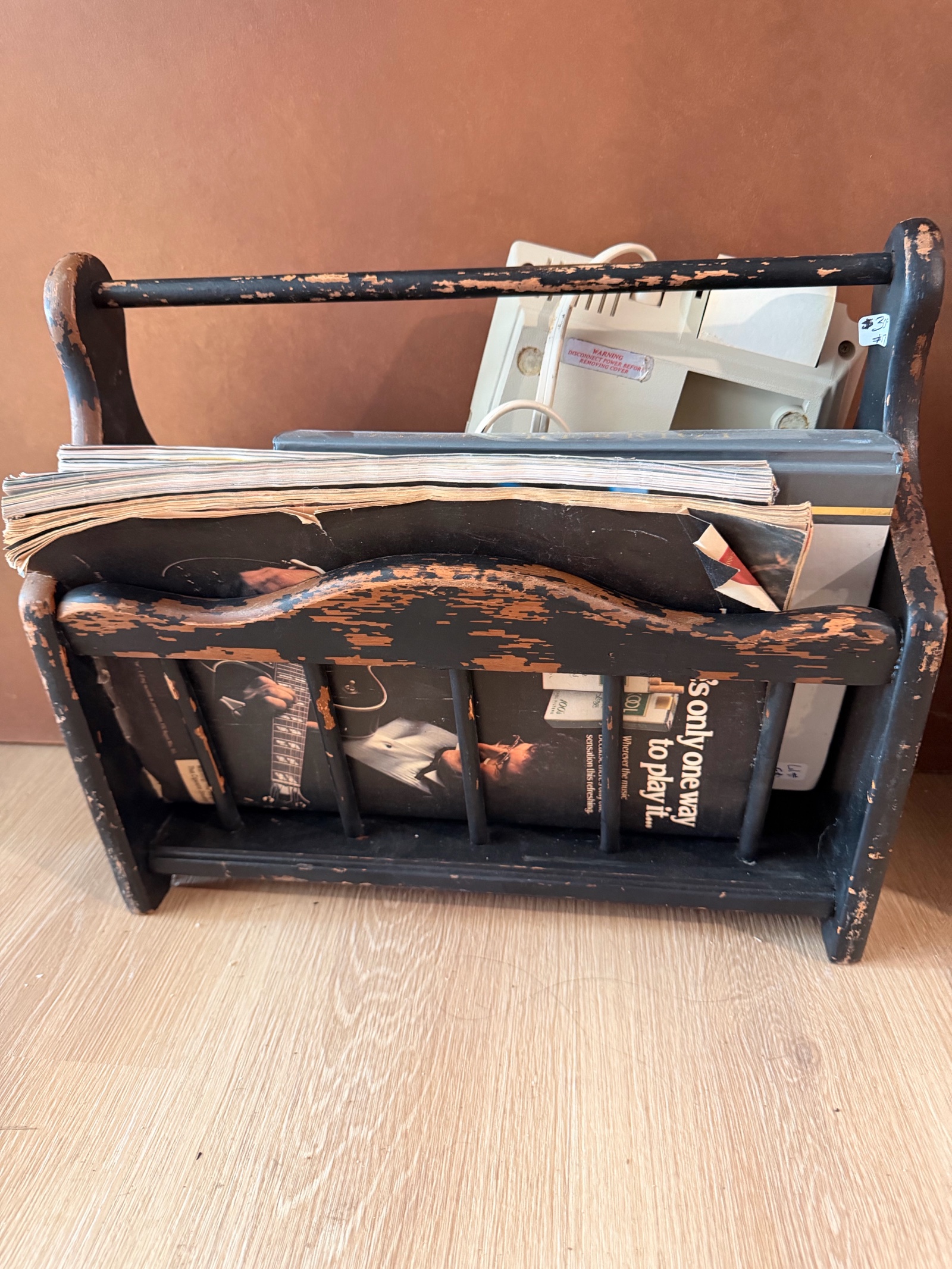 Primitive Distressed Black Wooden Magazine Rack  Farmhouse Organizer W various contents books & more