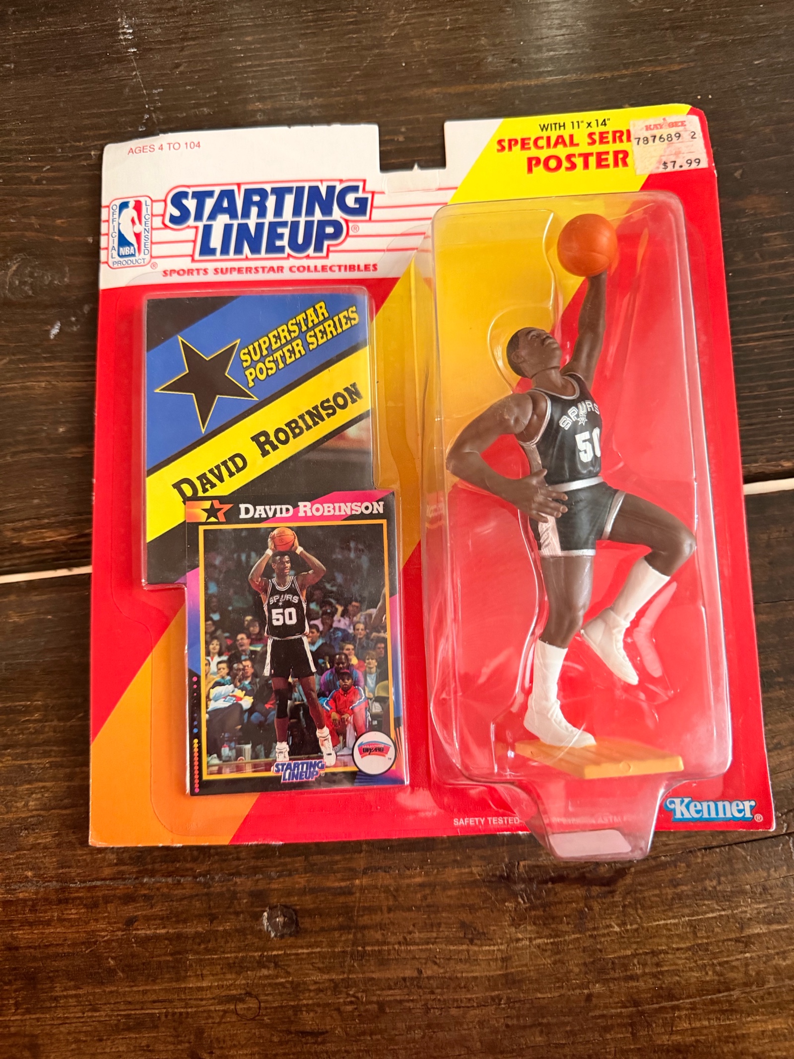 vintage 1990 Kenner Starting Lineup David Robinson San Antonio Spurs action figure with rookie card and poster.