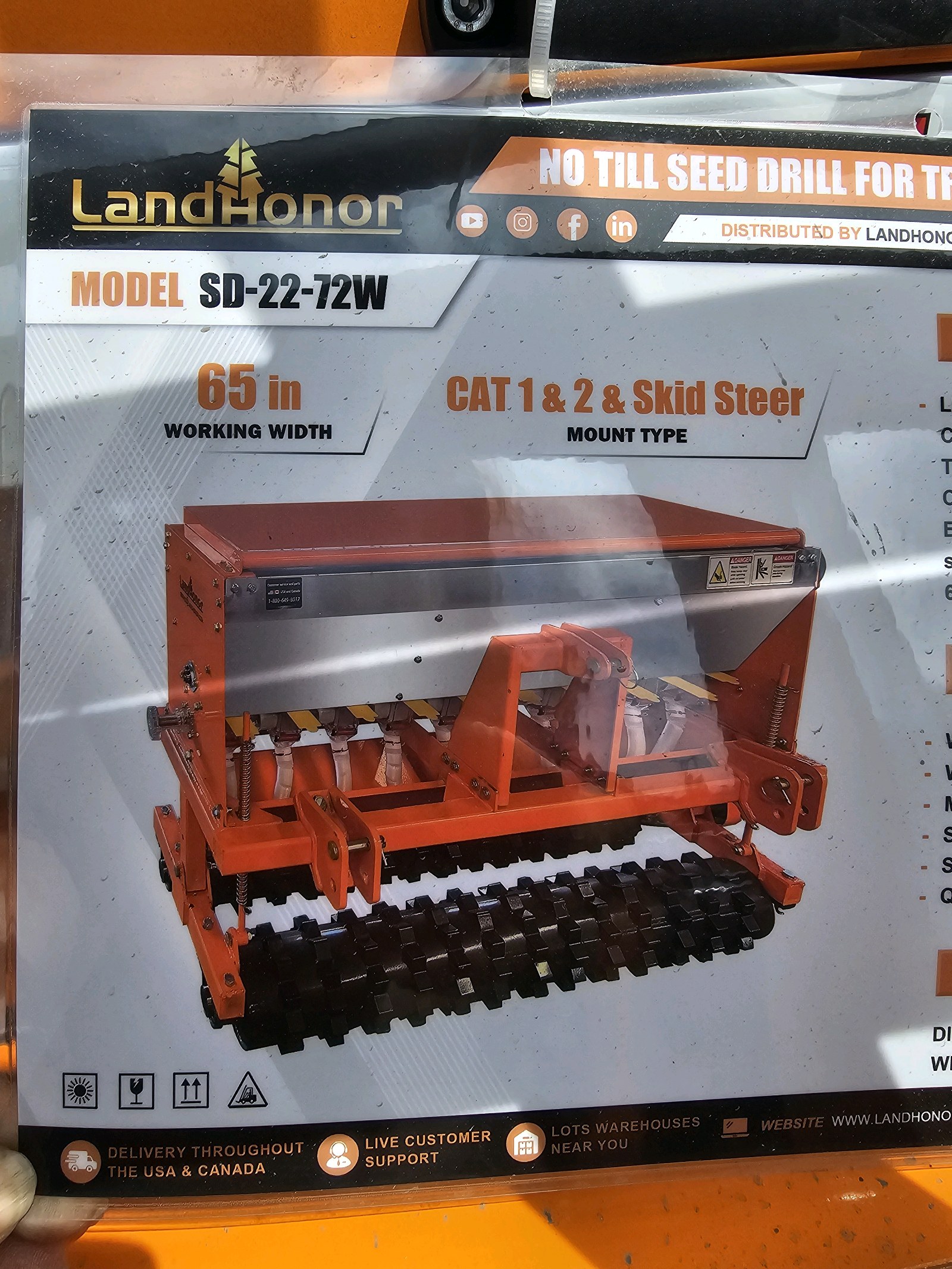 Unused 2026 LandHonor NO Till Seed Drill for Tractor and Skid Steer SD-22-72W