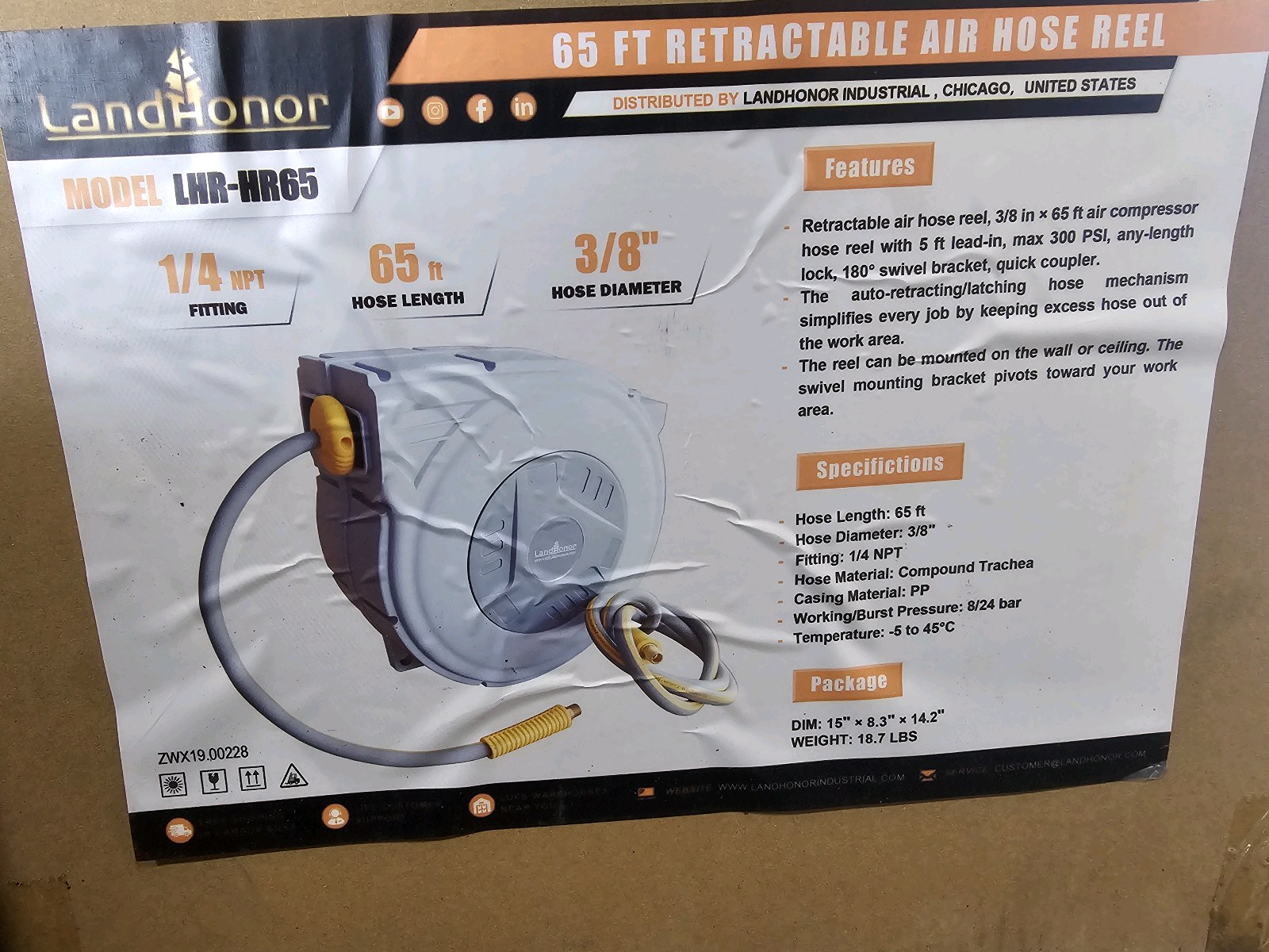 Unused 2026 LandHonor 65 Ft Retractable Air Hose Reel LHR-HR65