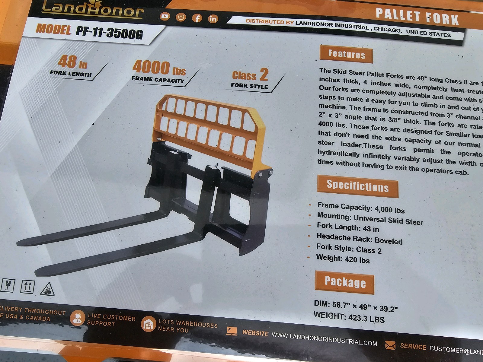 Unused 2026 LandHonor Pallet Fork PF-11-3500G