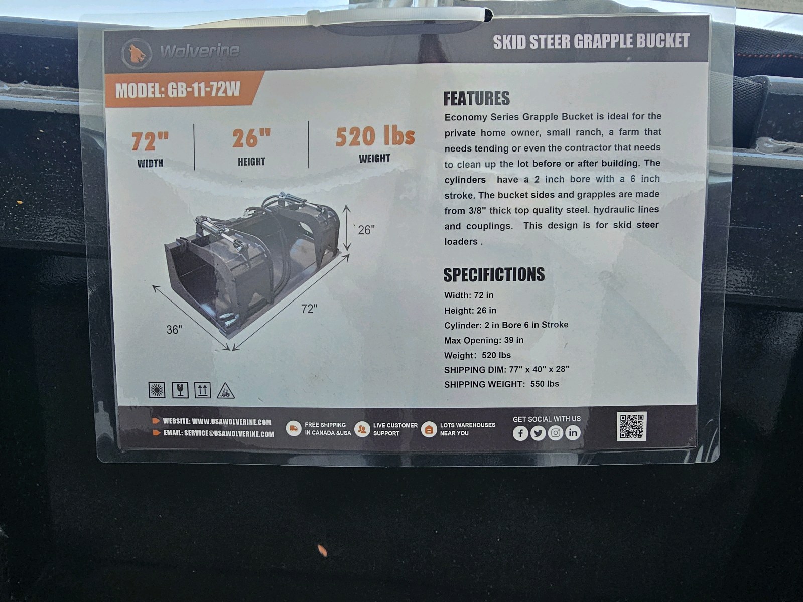 Unused 2026 WOLVERINE Grapple Bucket GB-11-72W