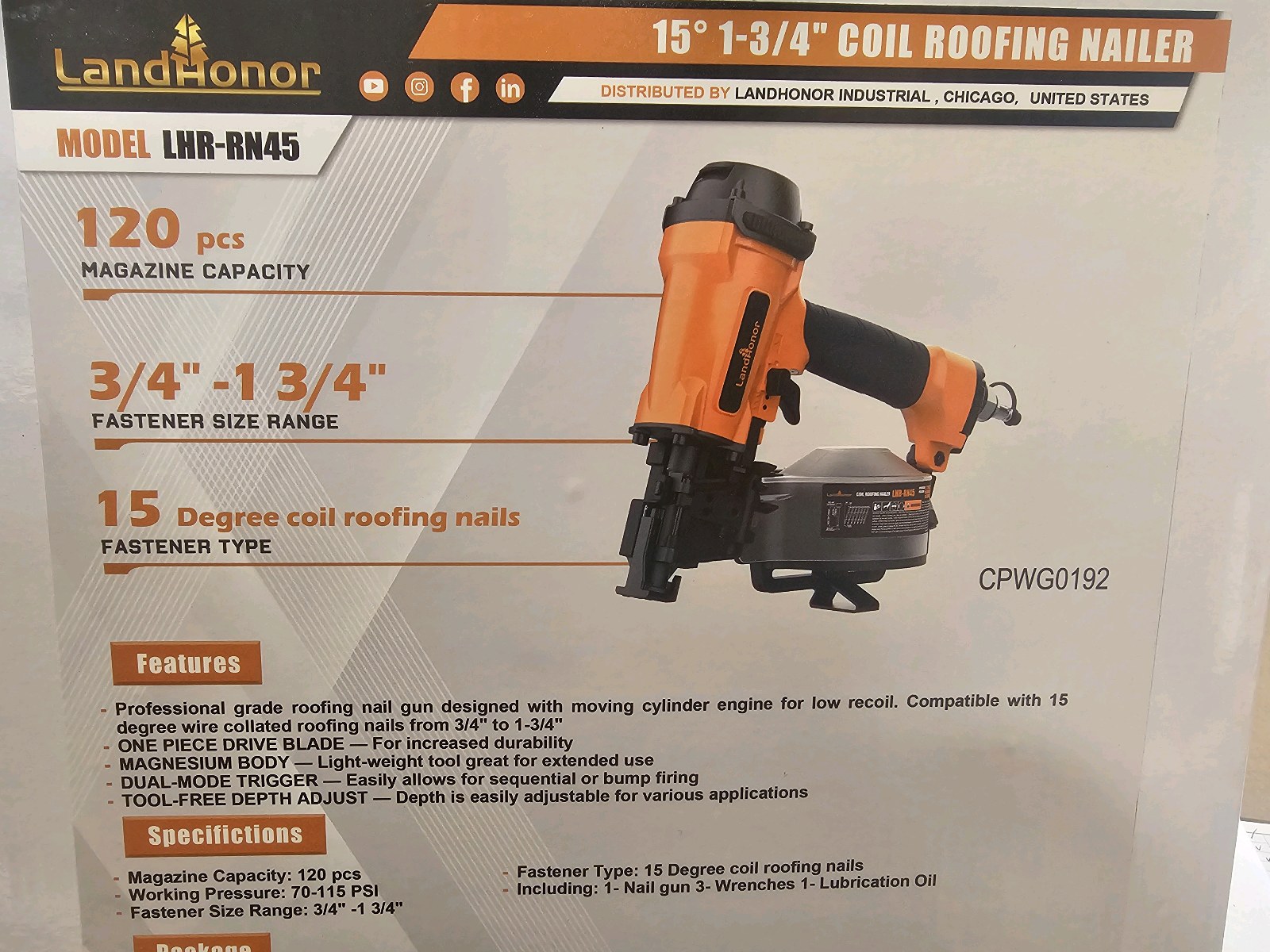 Unused 2026 LandHonor 15° 1-34 Coil Roofing Nailer LHR-RN45