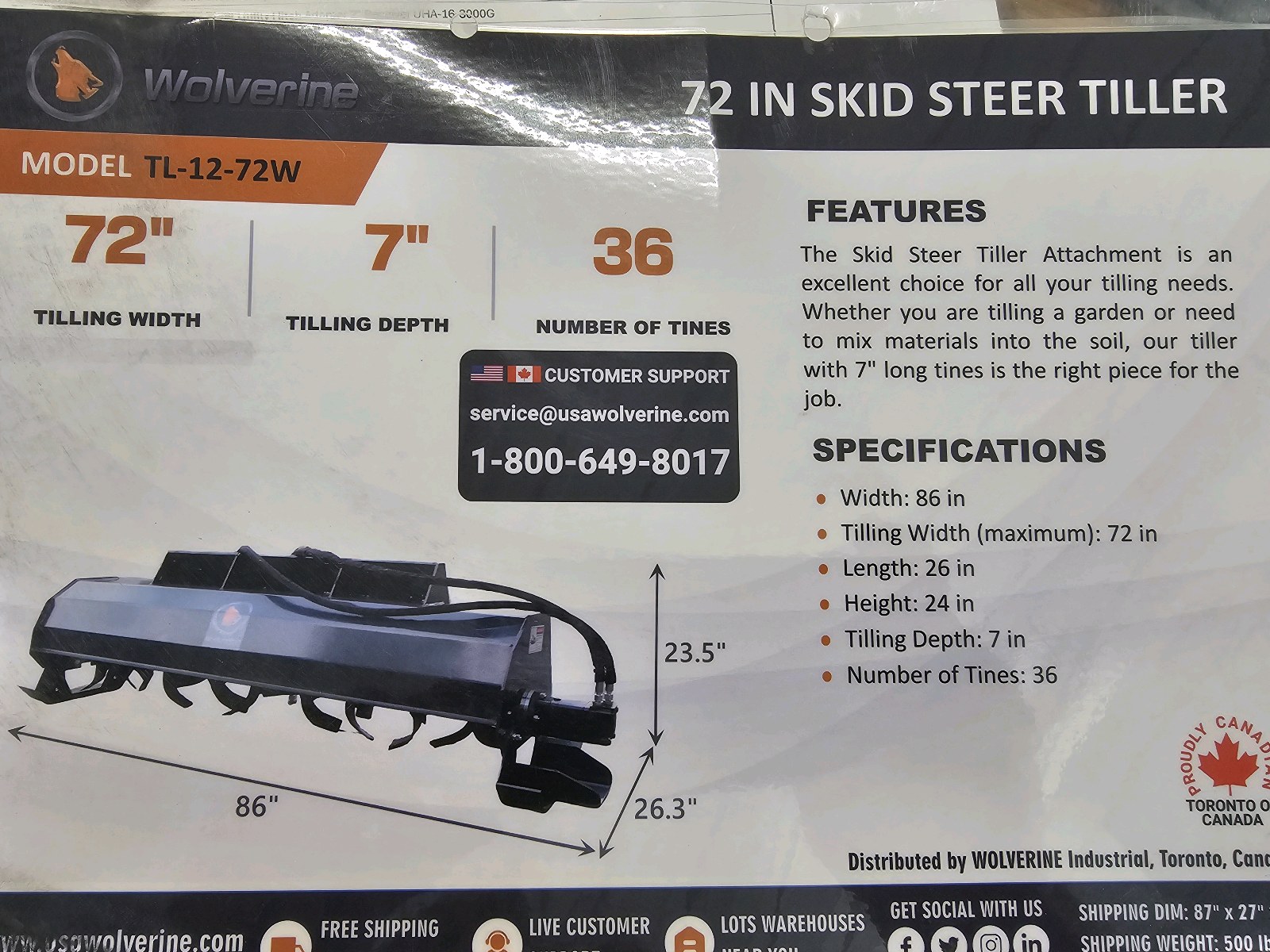 Unused 2026 WOLVERINE Tiller TL-12-72W