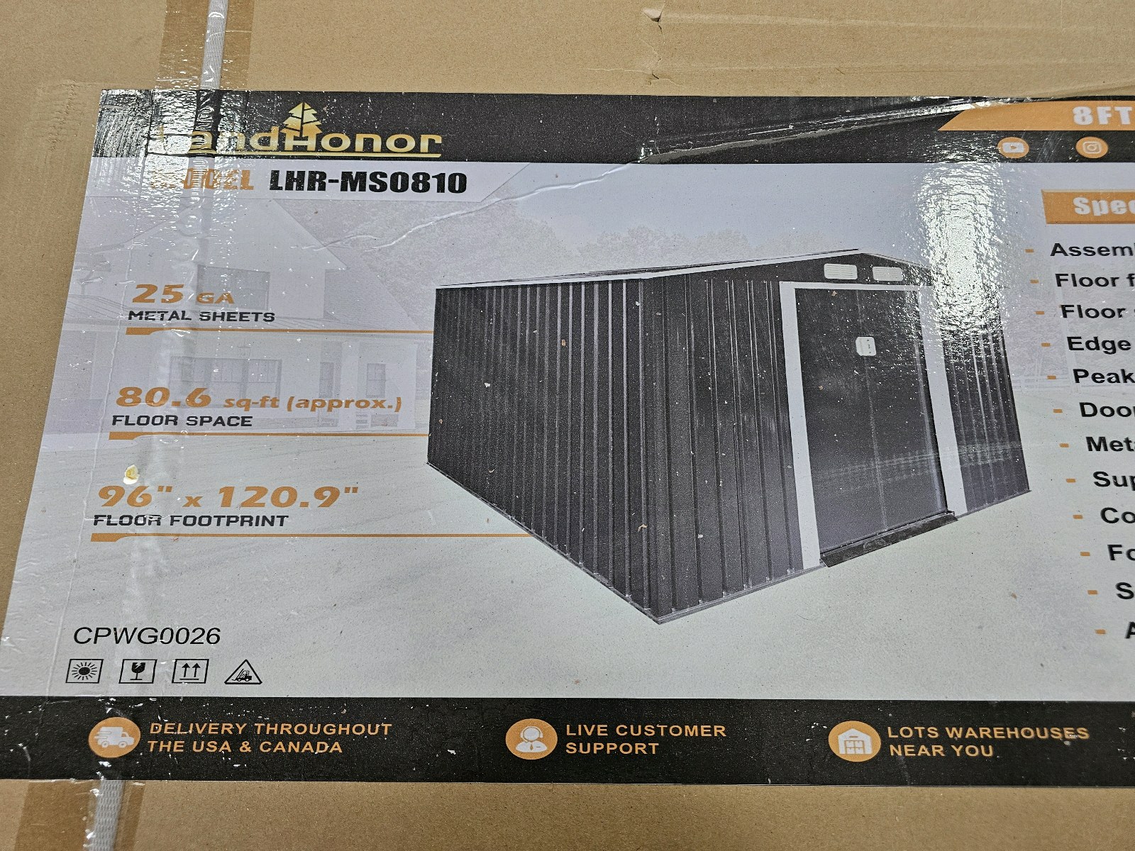 Unused 2026 LandHonor 8ft x 10ft Galvanized Apex Roof Metal Shed LHR-MS0810