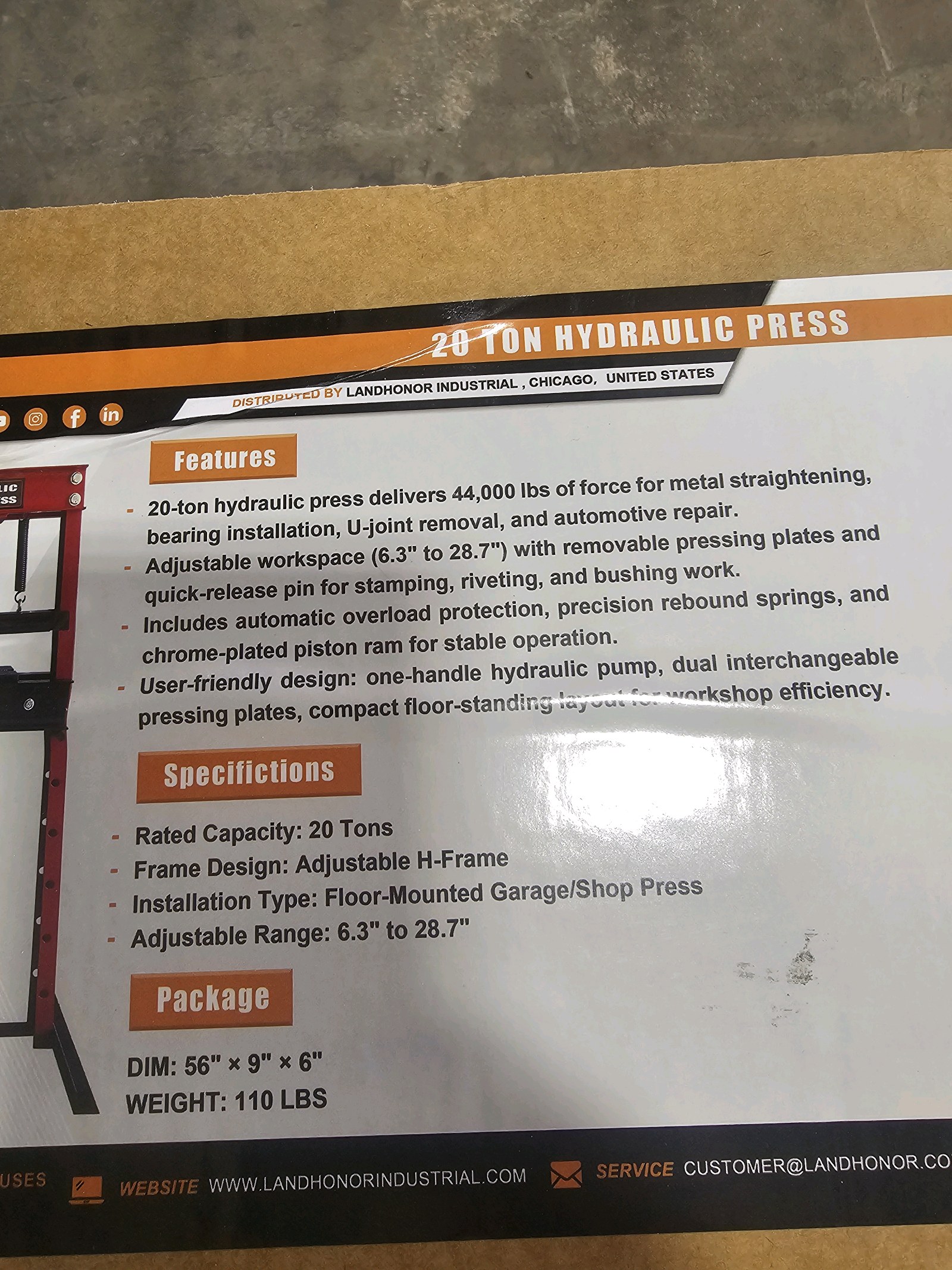 Unused 2026 LandHonor 20 Ton Hydraulic Press LHR-HP20