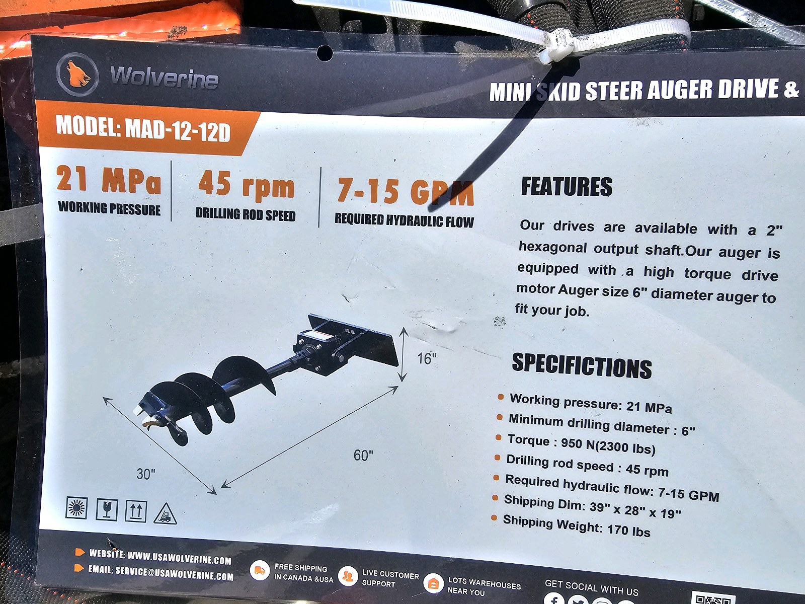 Unused 2026 WOLVERINE Mini Auger Drive & Bit MAD-12-12D