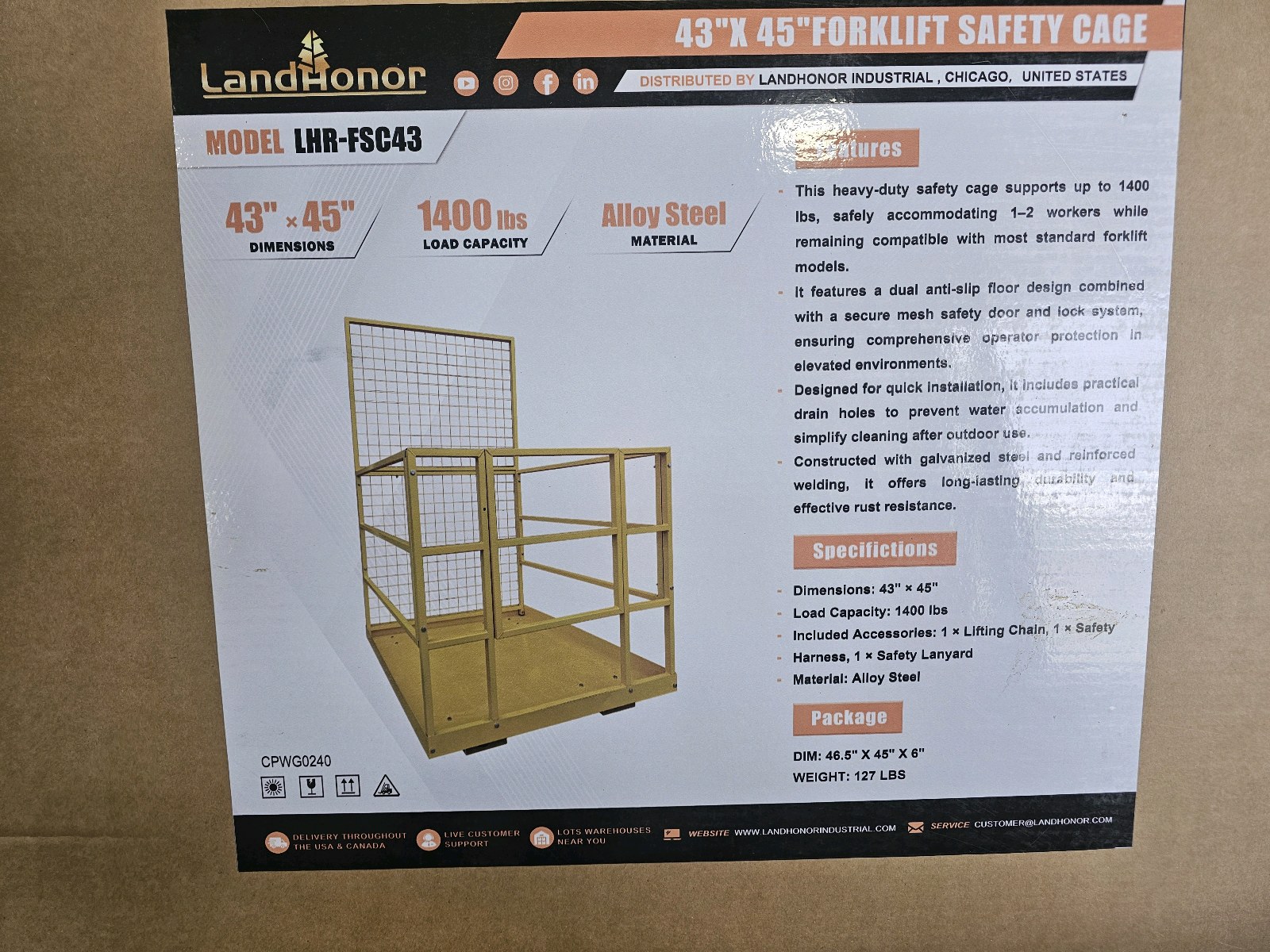 Unused 2026 LandHonor 43 X 45 Forklift Safety Cage LHR-FSC43