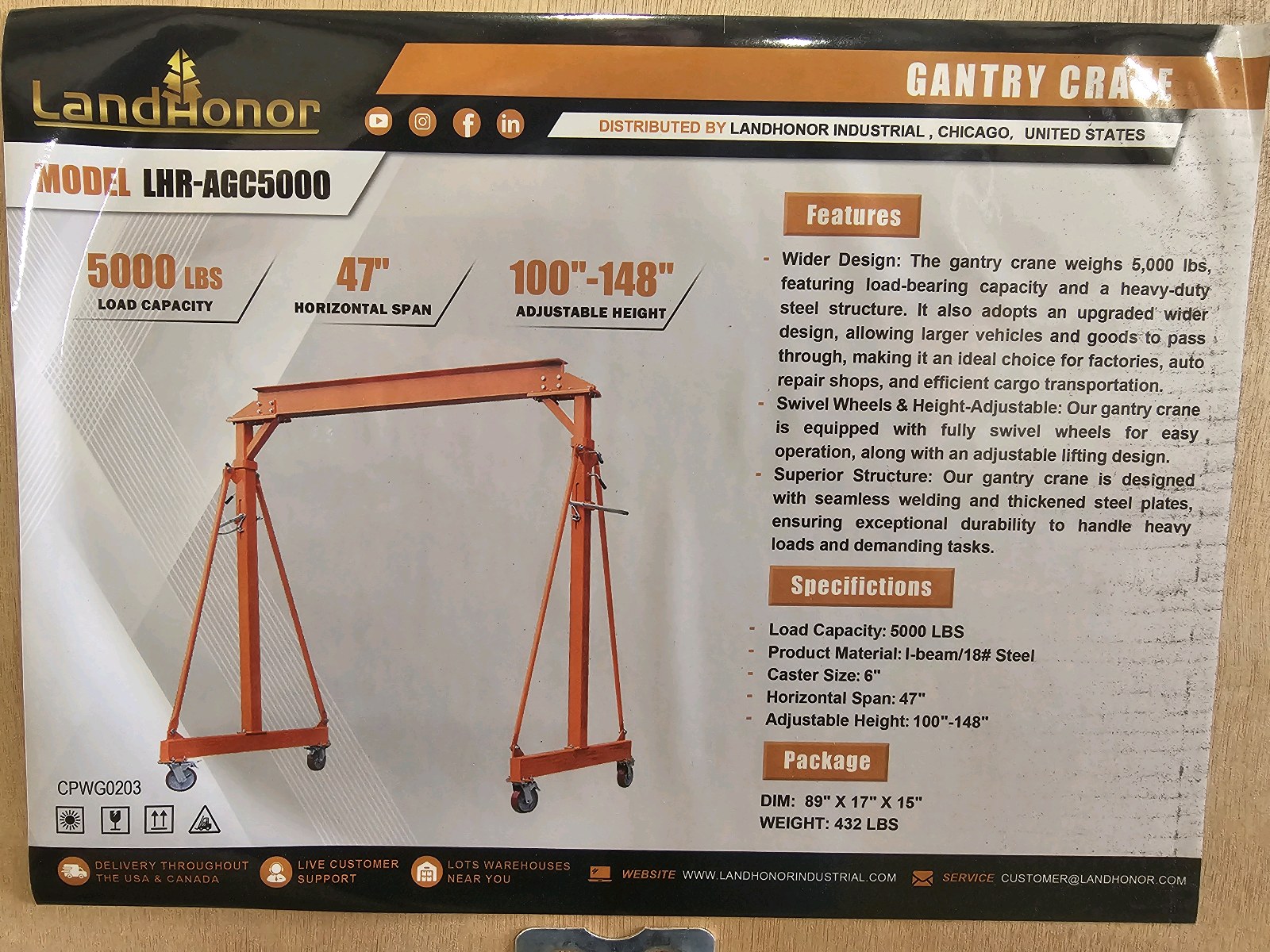 Unused 2026 LandHonor 5000-LB Gantry Crane LHR-AGC5000