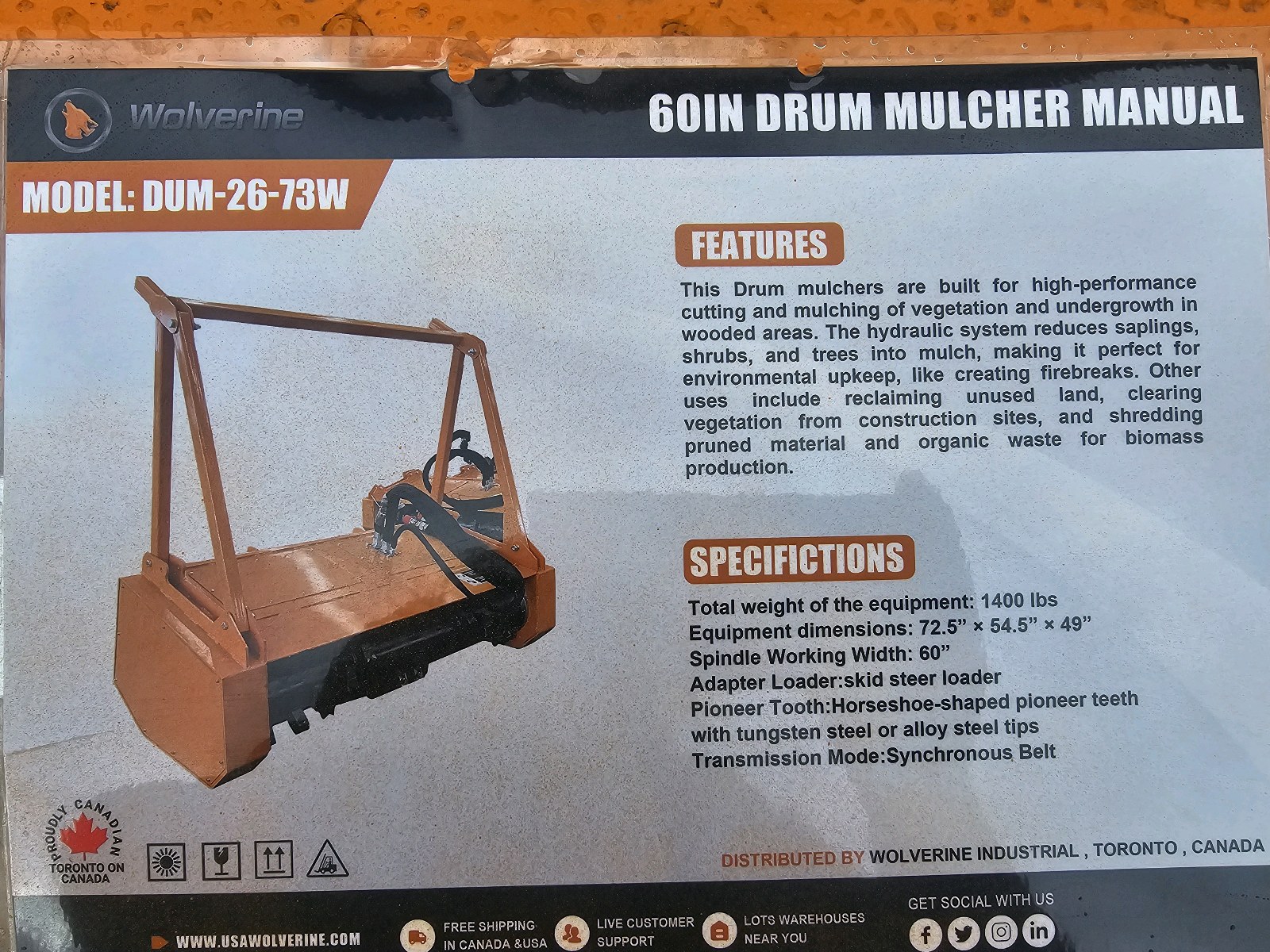 Unused 2026 wolverine 60IN DRUM MULCHER MANUAL DUM-26-73W