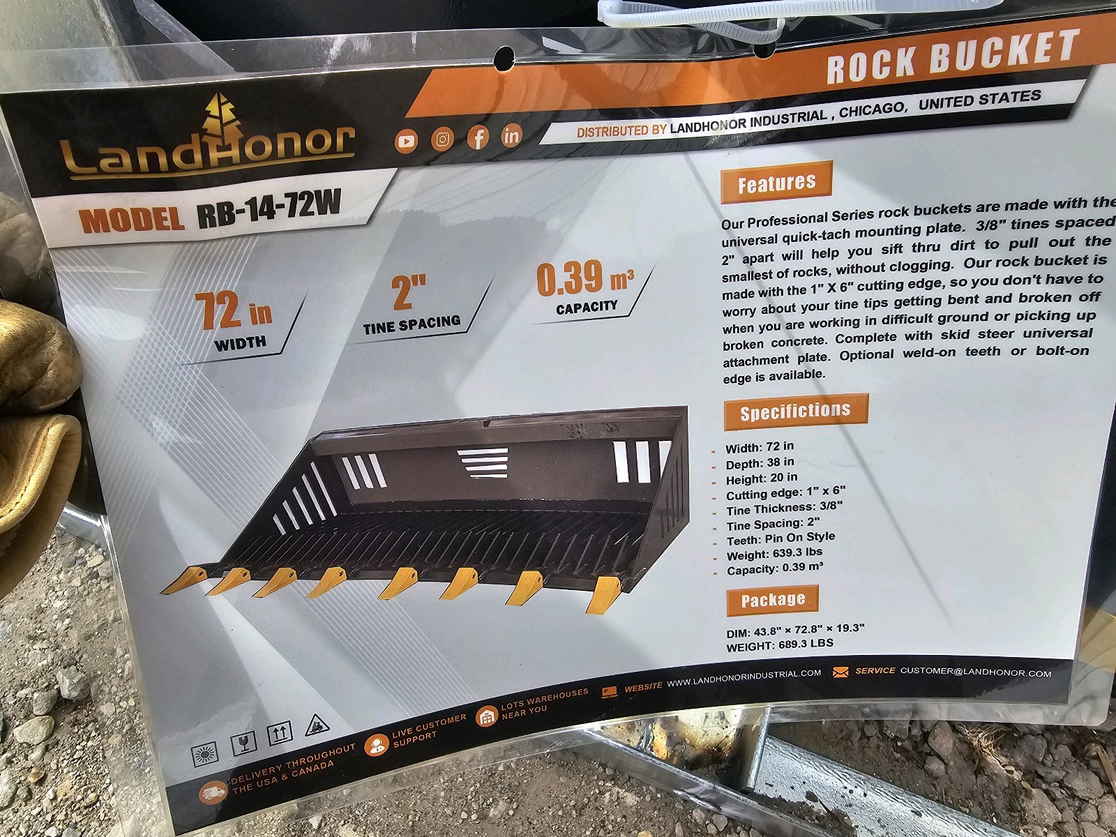 Unused 2026 LandHonor Skid Steer Rock Bucket RB-14-72W