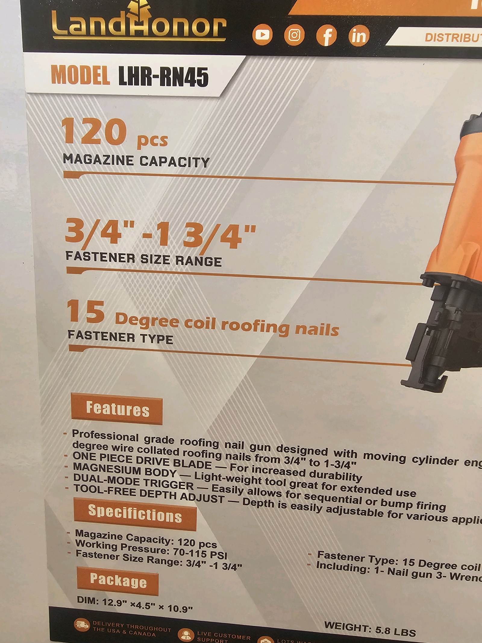 Unused 2026 LandHonor 15° 1-34 Coil Roofing Nailer LHR-RN45