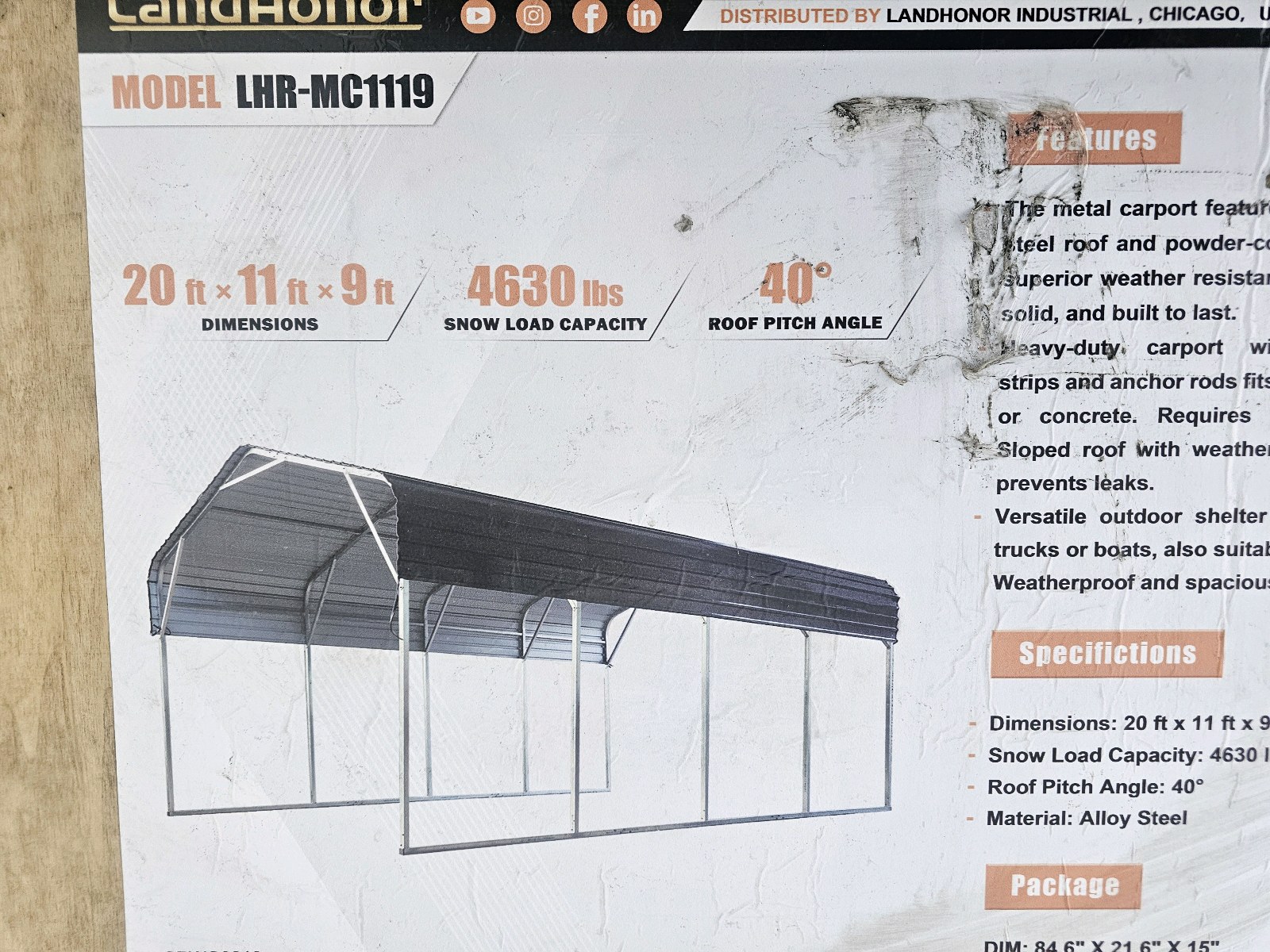Unused 2026 LandHonor 20 ft x 11 ft x 9 ft Metal Carport LHR-MC1119