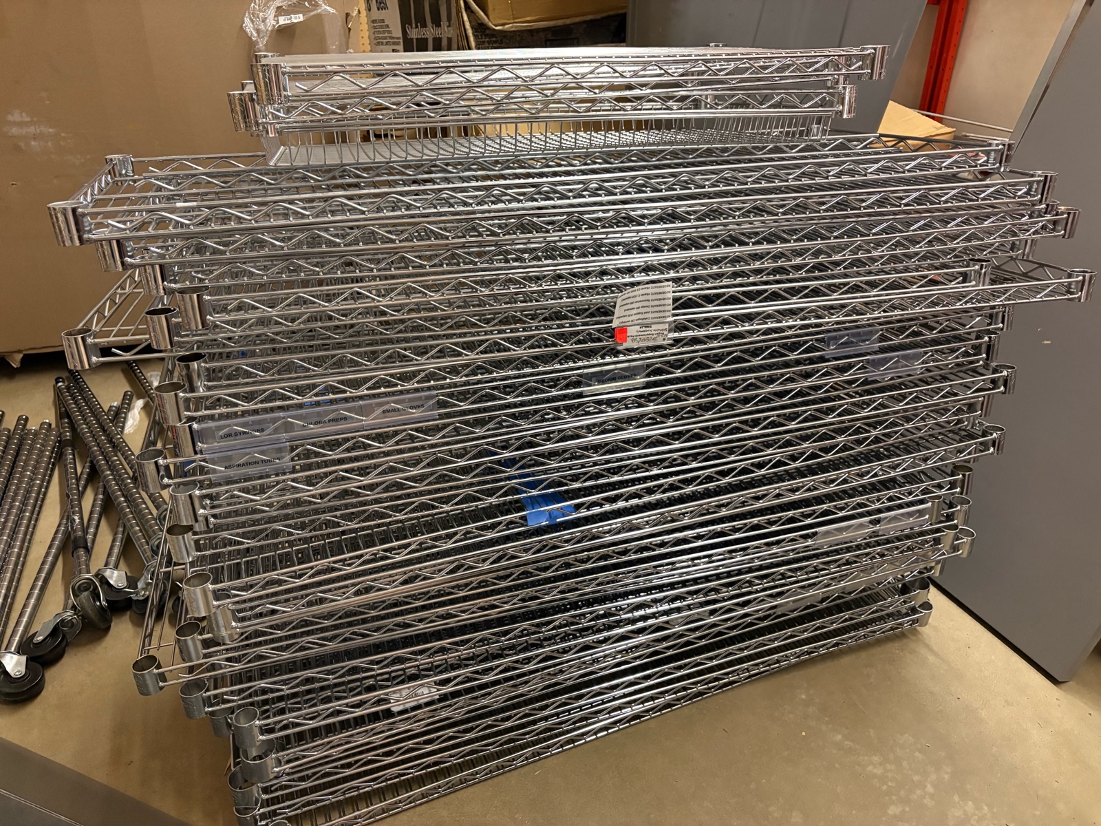 Huge Assortment of Stainless Steel Metal Wire Racks, Comes With Enough Shelves, Supports, Caster Wheels, Clips and Metal Placemats to Build at Least 4 Complete Shelves With Additional Clips for Reaplacements, Great for Warehouse, Office, Storage Facility,