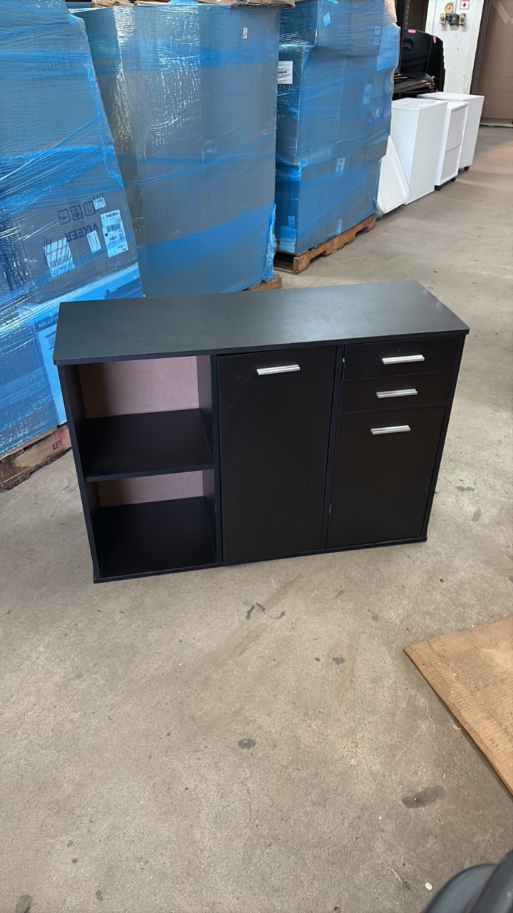 Wooden Shelf and Drawers, Black Color with Silver Colored Metal Handles, Middle Shelf Opens and Closes, 3 Drawers on Right Side and Two Shelves on Left Side