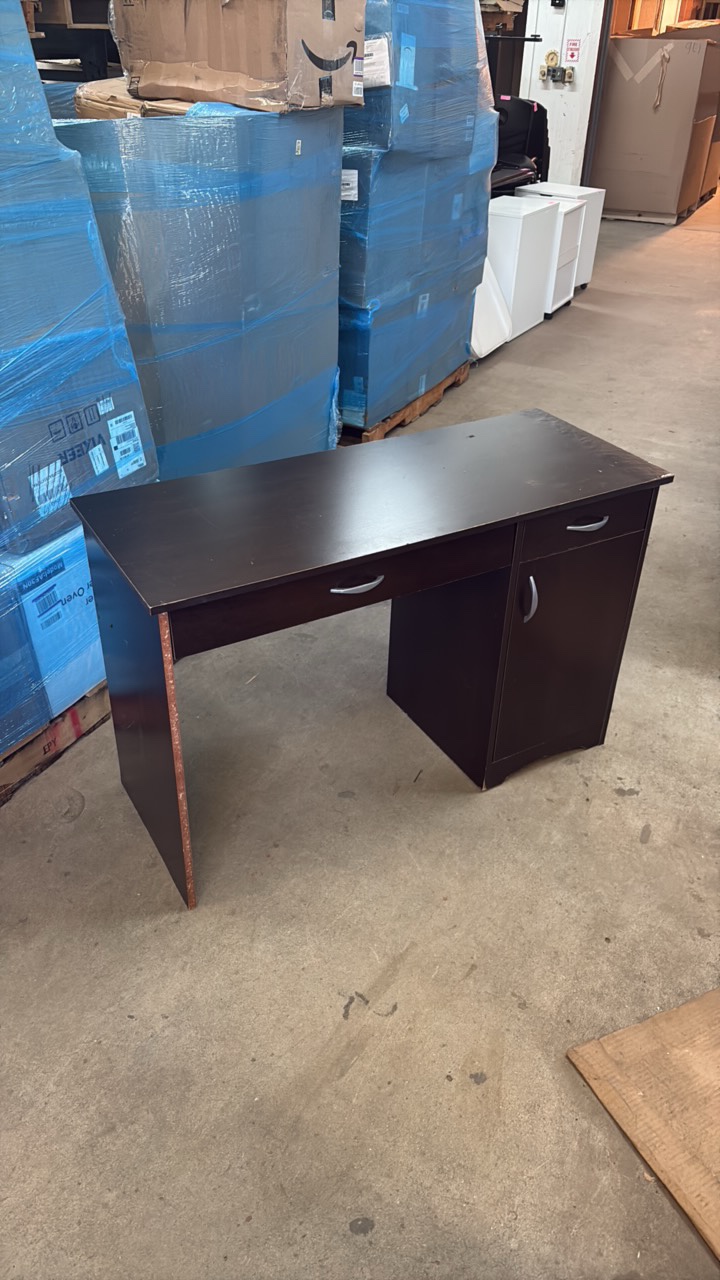 Wooden Desk, Dark Brown Colorc Two Drawers and One Shelf With Closing Door, Some Wear on Sides and Top of Desk