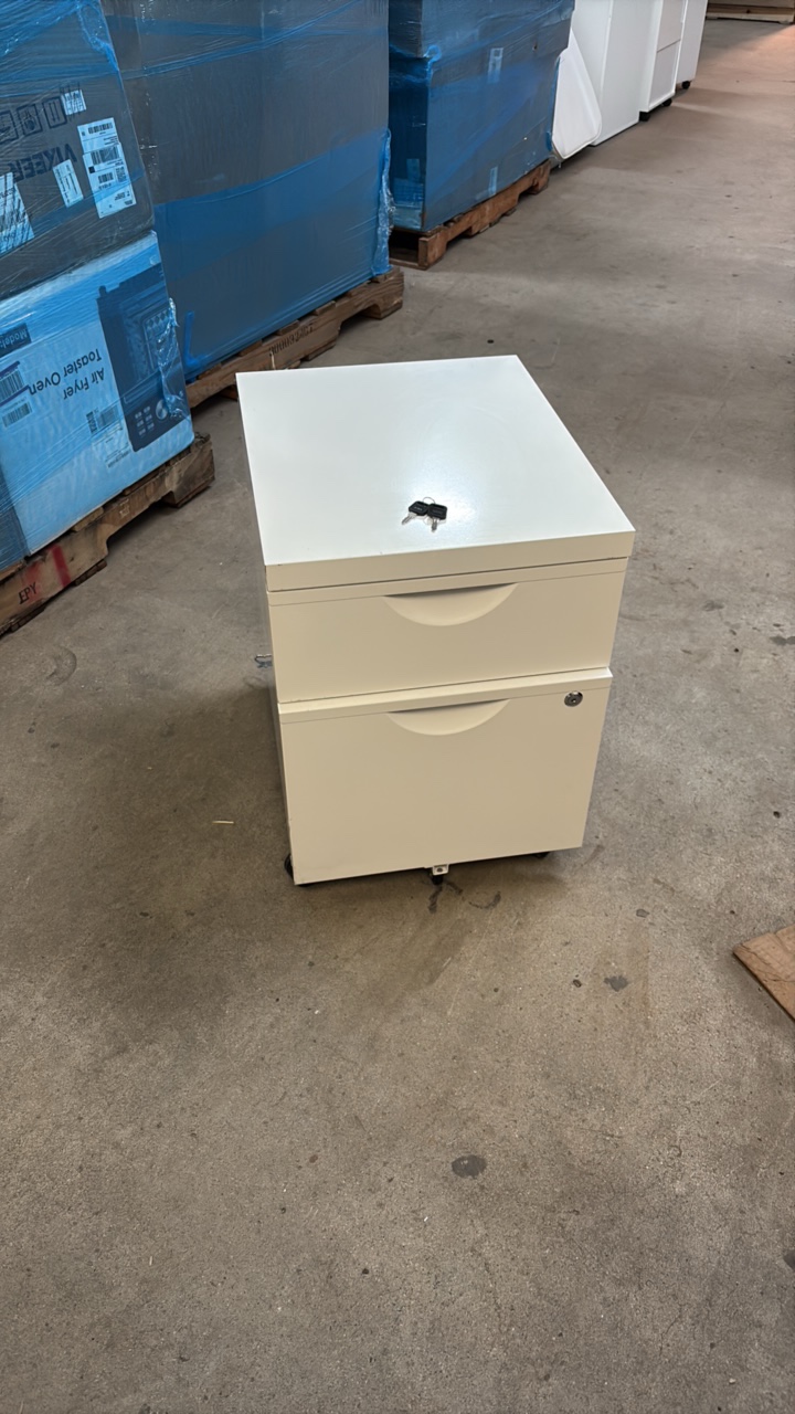 White Metal Filing Cabinet and Drawers, 2 Drawers Comes With Two Keys to Lock the Bottom Drawer, Working Wheels on Bottom to Cabinet Can be Easily Moved