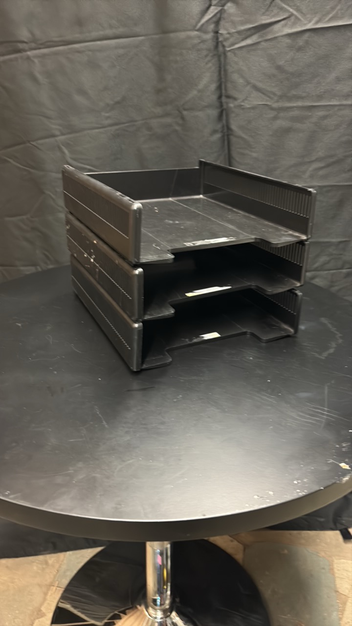 Three Black Plastic Paperwork Trays Stackable