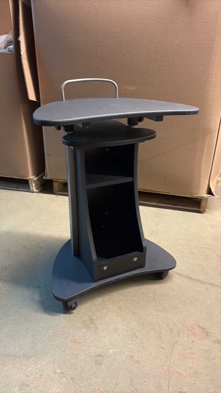Black and Dark Gray Wooden and Metal Laptop Desk, Mobile on Wheels, Adjustable Height and Compartments to Store Items