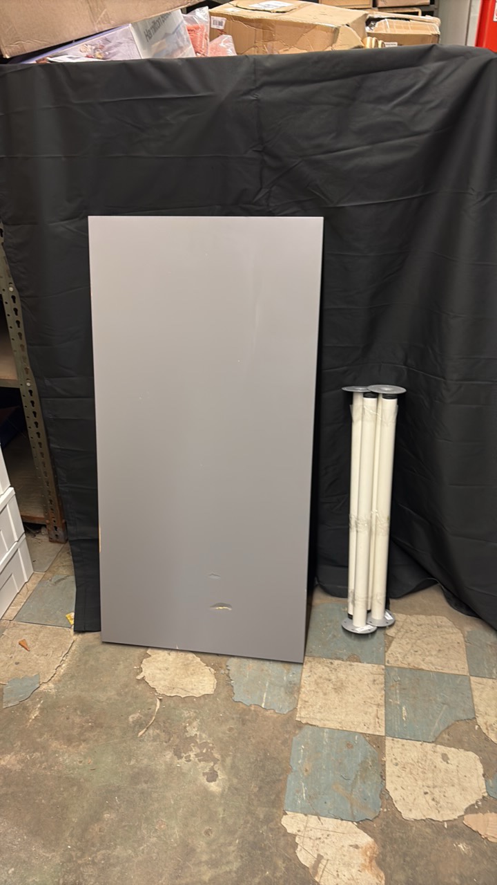 Heavy Duty Gray Wooden Table with Metal Lega, Comes With Original Screws to Mount the Legs, The Screws are Taped to the Underside of the Table so They Dont Get Lost, Great for Office, Shops, Businesses or Home Use, Dent in the Top of the Tabls, Look at t