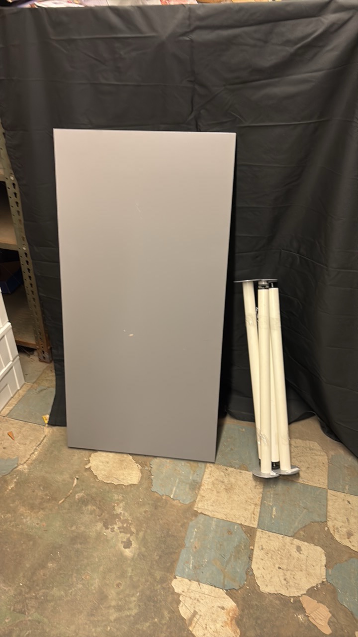 Heavy Duty Gray Wooden Table with Metal Lega, Comes With Original Screws to Mount the Legs, The Screws are Taped to the Underside of the Table so They Dont Get Lost, Great for Office, Shops, Businesses or Home Use, Dent in the Top of the Tabls, Look at t