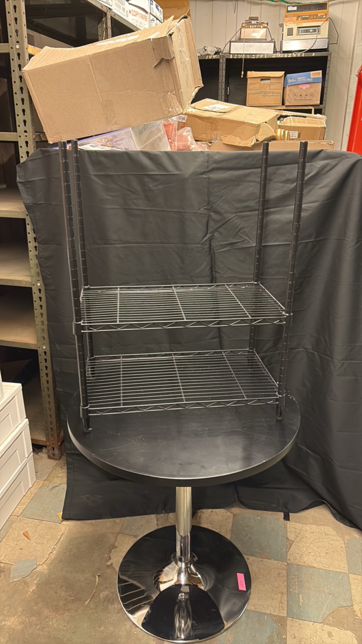 Black Metal Shelf, Two Shelves, Adjustable, About 3 Feet In Height and 2.5 Feet Wide