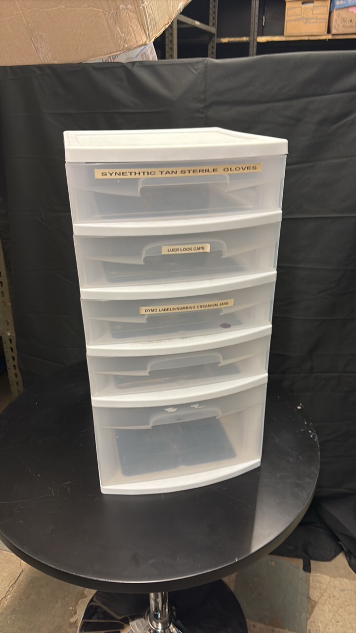 Clear and White Plastic Cabinet Shelving Unit, 5 Working Drawers
