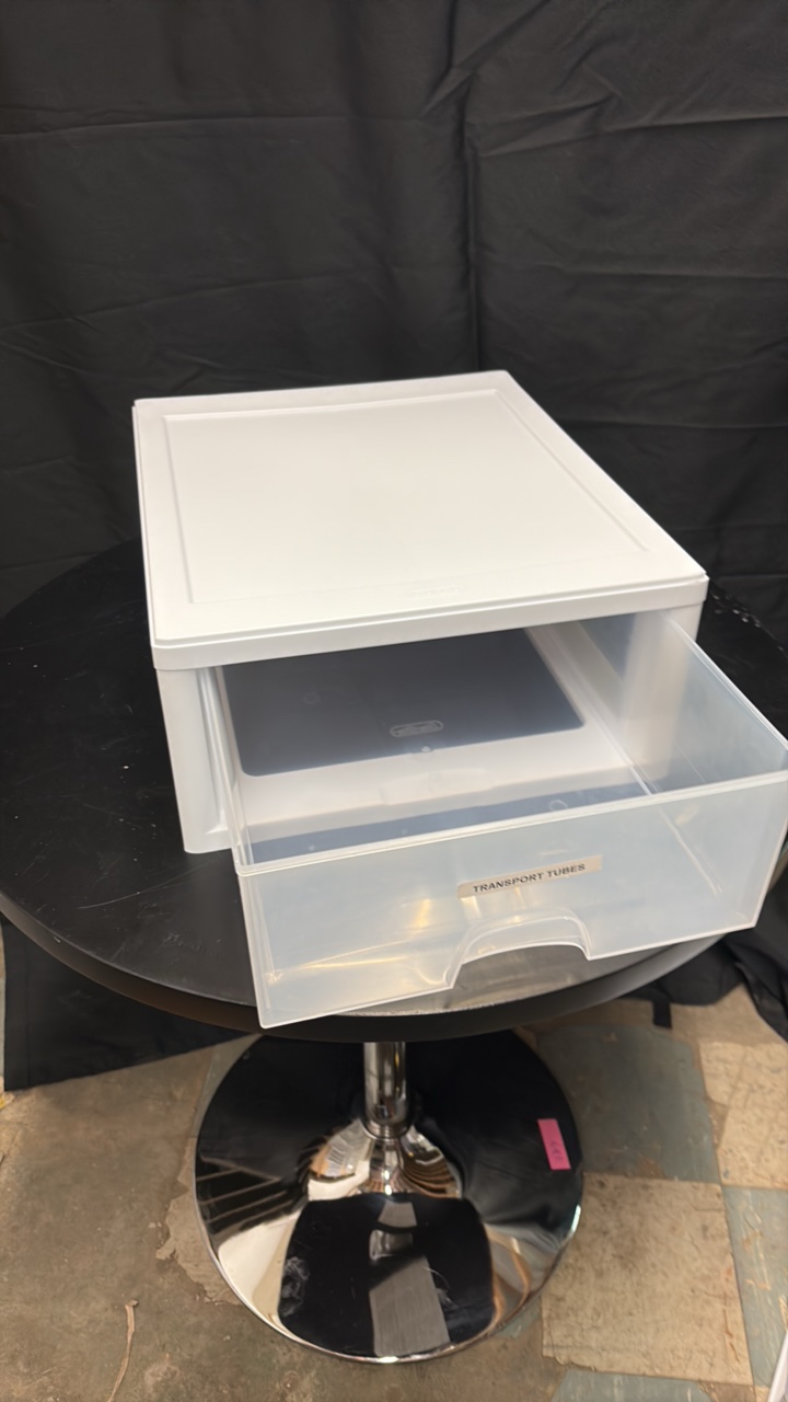 Clear and White Plastic Drawer, Works, Opens and Closes