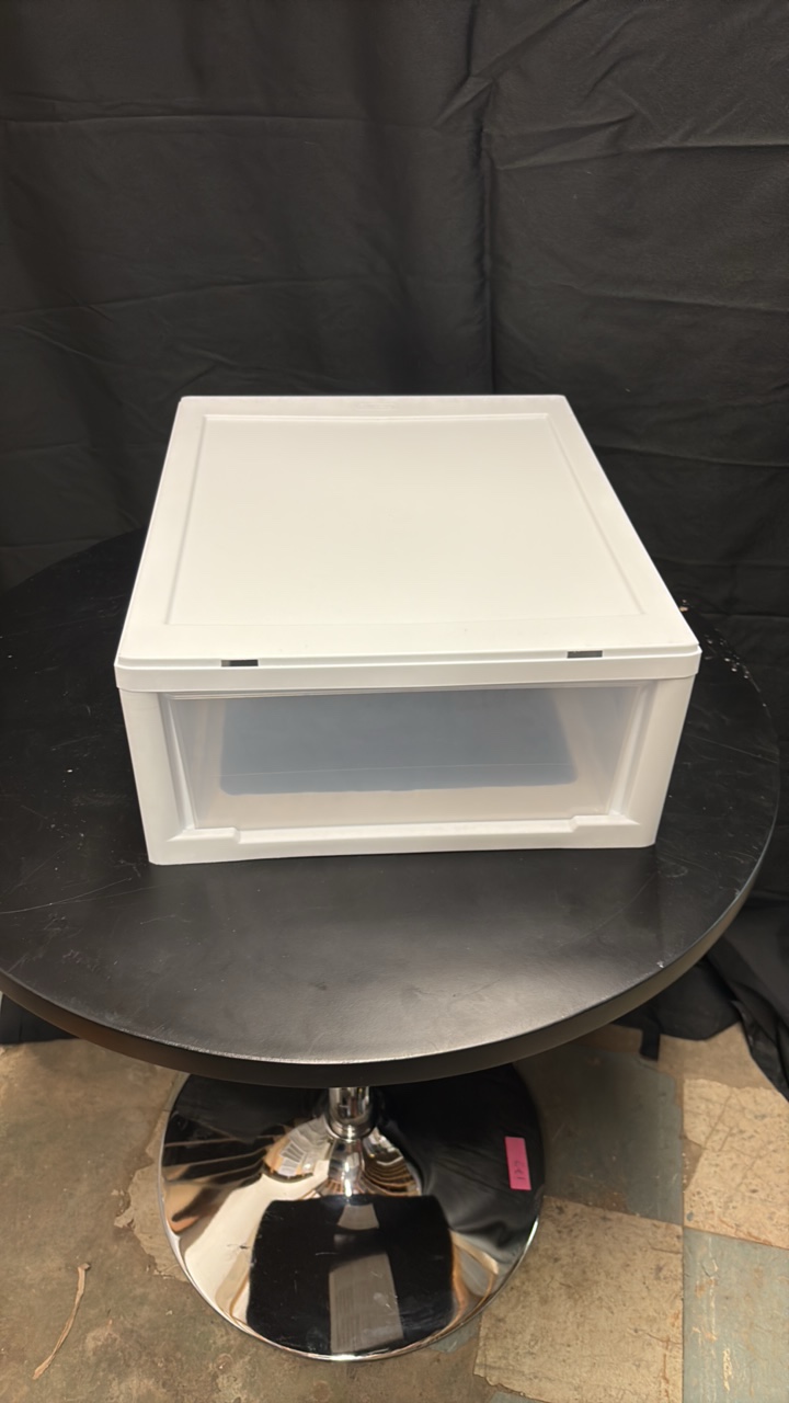 Clear and White Plastic Drawer, Works, Opens and Closes