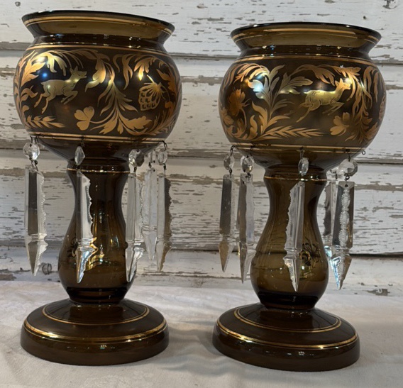 Antique Bohemian Smoky Glass Mantel Lusters