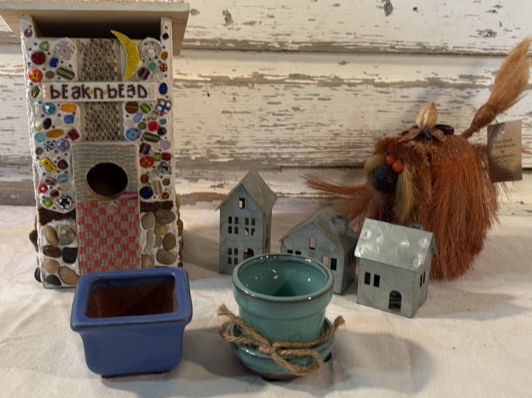 Collection of Garden Pots, Houses, and Troll