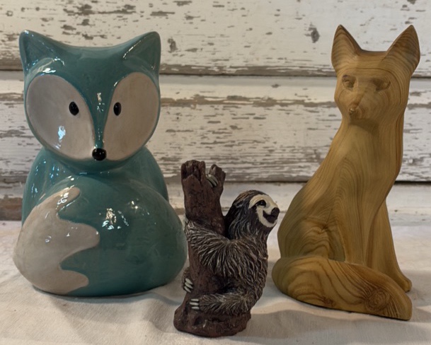 Ceramic Fox, Wood Fox and Sloth Figurines