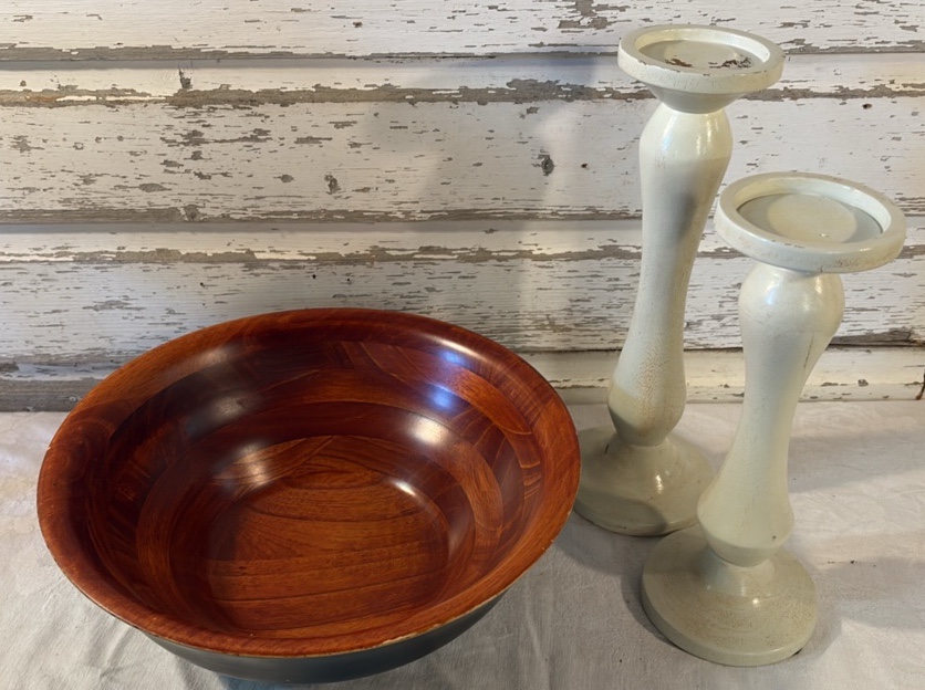 Nice Wood Bowl and Pair of Wooden Candle Holders