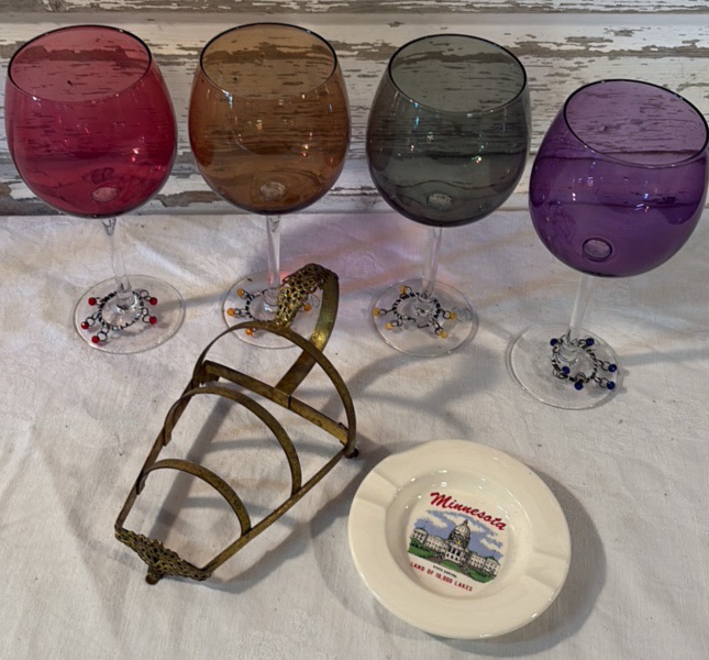 Brass Ashtray Holder, Wine Glasses, Minnesota Ashtray