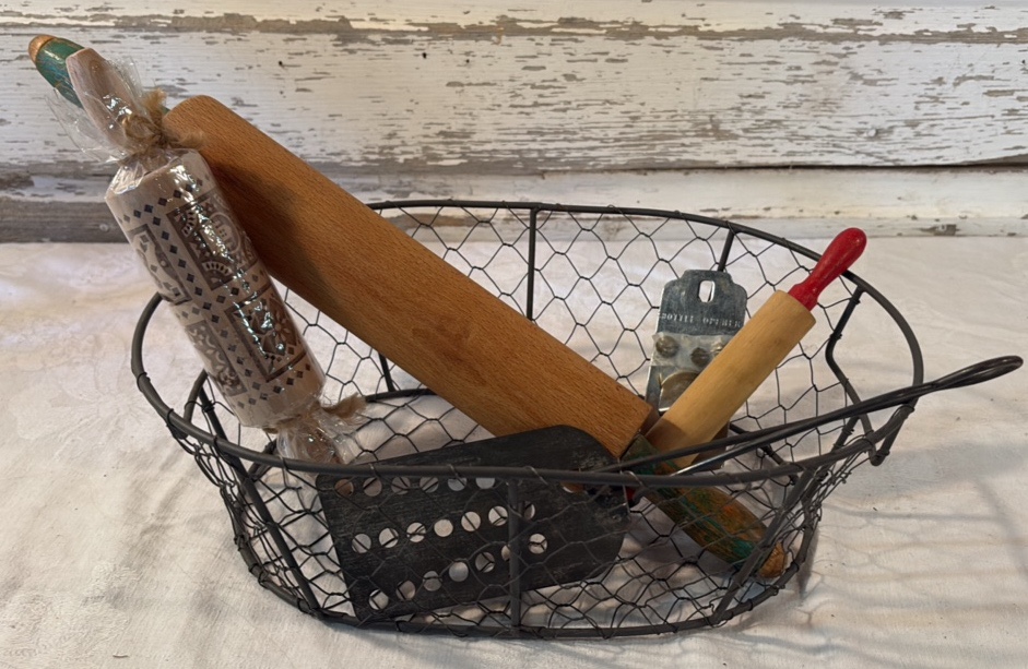 Metal Basket with Rolling Pins, Vintage Spatula, Rival Bottle Opener