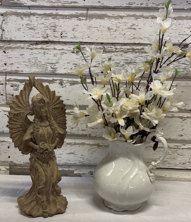 Ironstone White Pitcher and Angel Figurine