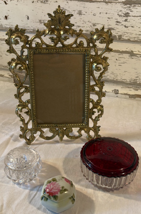 1940s Ruby Powder Dish, Trinket Containers and Brass Photo Frame