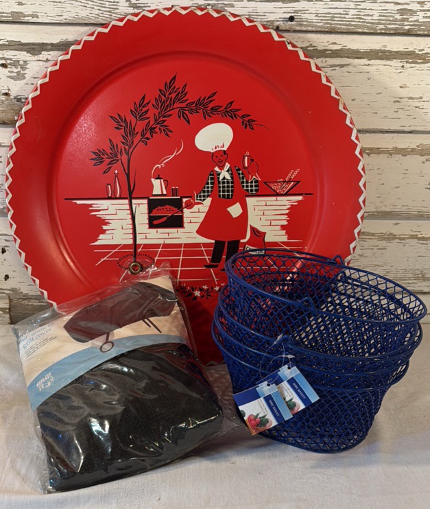 1950s Metal Serving Tray, New Grill Cover, Set of 4 New Wire Baskets