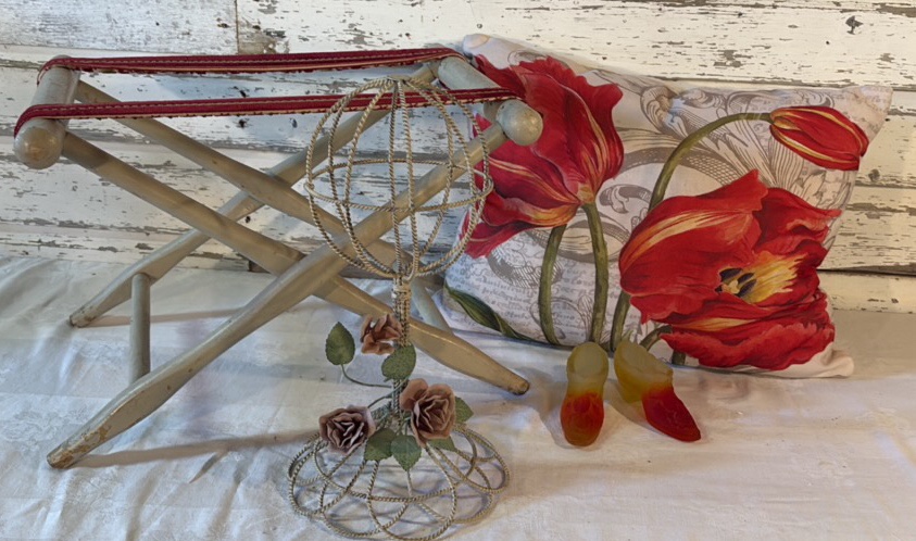 Luggage Rack, Floral Pillow, WigHat Stand, Amberina Glass Shoes