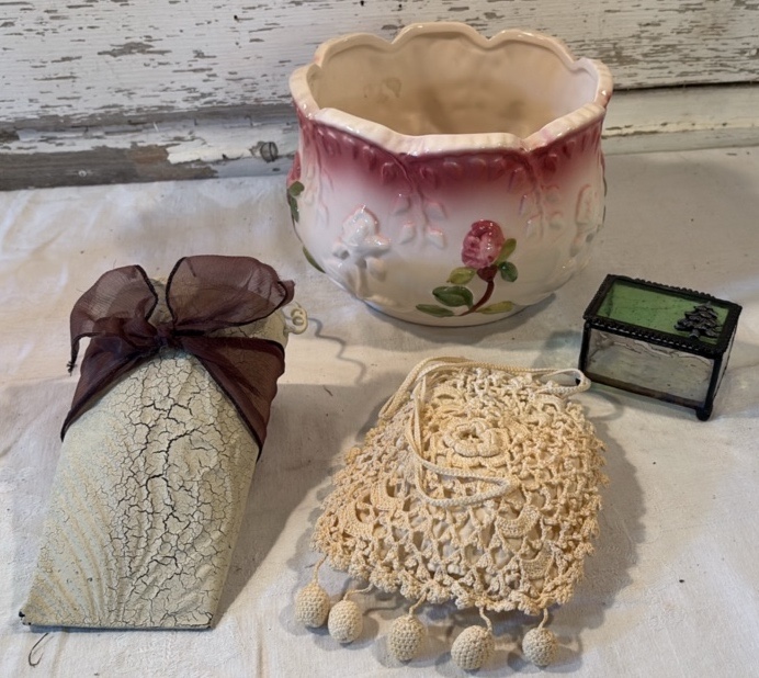 Elegant Planter, Metal Wall Pocket, Victorian Crochet Reticule. Glass Trinket Box