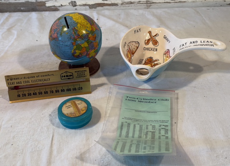 Vintage Globe Bank, NSP Thermometer, Foshay Tower Souvenir, Two-Cylinder Club, Gravy Separator