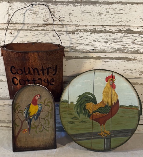 Hand Painted Rooster Cheese Box, Country Cottage Wall Pocket, Painted Parrot Decor