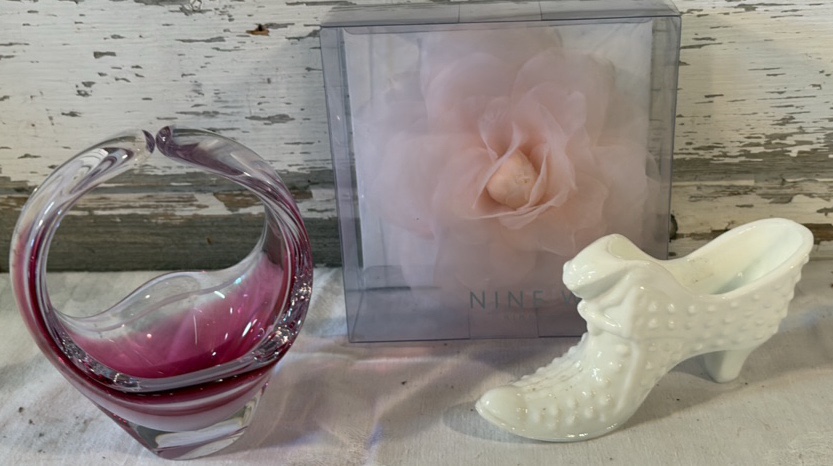 Swedish Glass Basket, Fenton Hobnail Shoe, Flower Pin