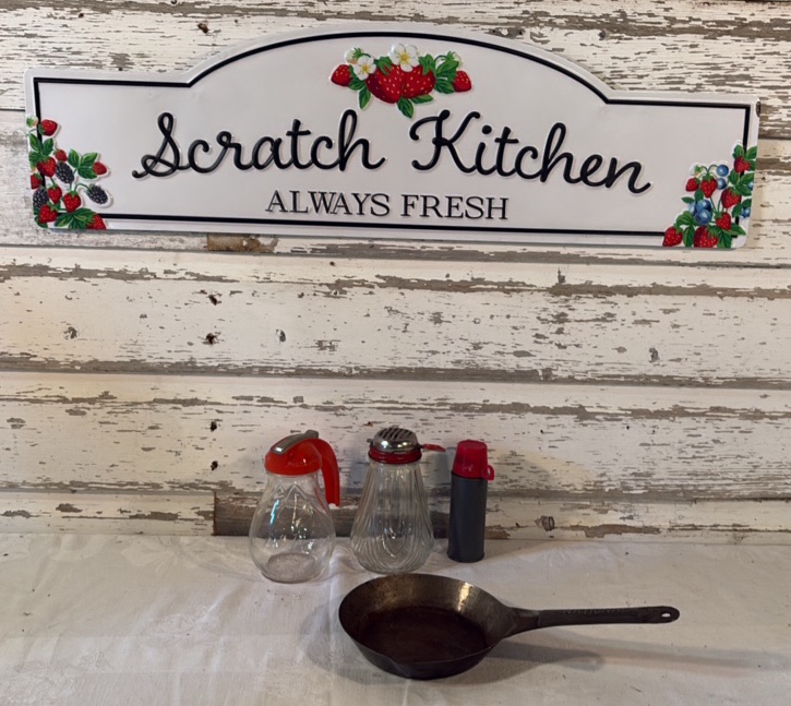 Metal Scratch Kitchen Sign, Vintage Syrup bottle and Nut Chopper, Mini Thermos, National Pan
