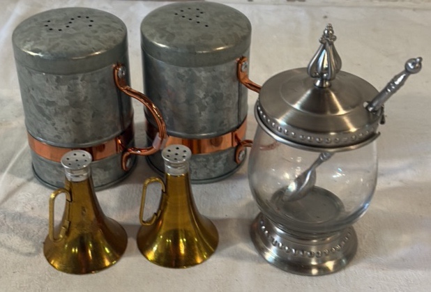 Metal and Brass Salt and Pepper Shakers, Pewter Sugar Bowl